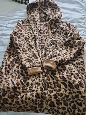 Leopard Print Teddy Hoodie Jacket - Brown/Tan